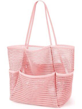Women's Pink Mesh Beach Tote Bag Large Foldable Swimming Bag with Pockets